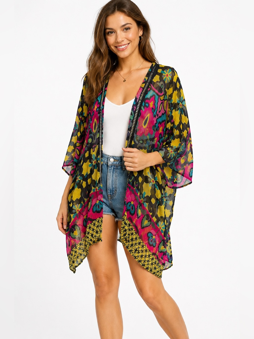 Angie Bohemian Sheer Open Front Kimono L Bright Multicolor Festival Layer Duster